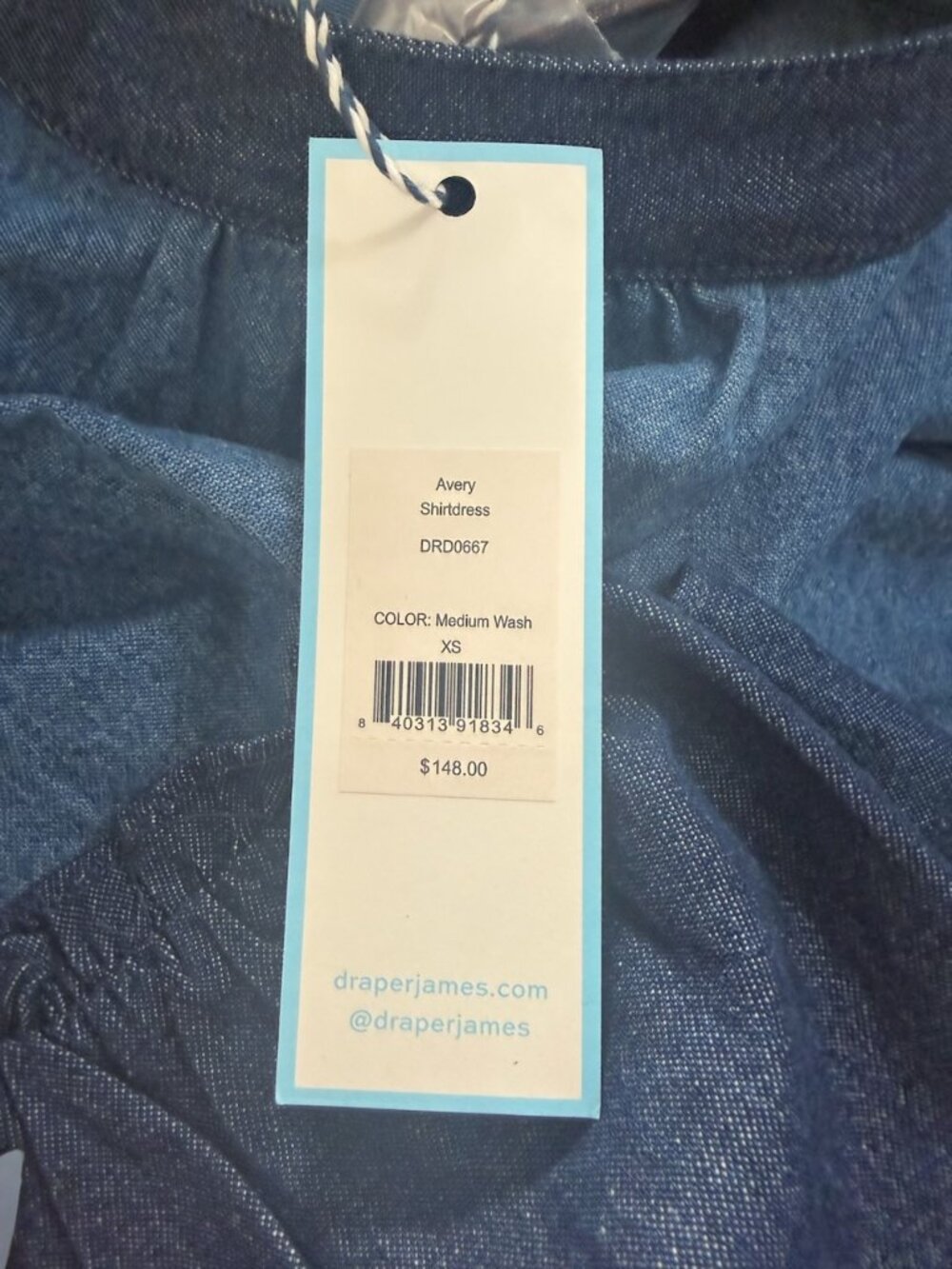 NWT Draper James Avery Shirtdress Chambray Medium Wash Bell Sleeve Tie Waist XS - Picture 5 of 5